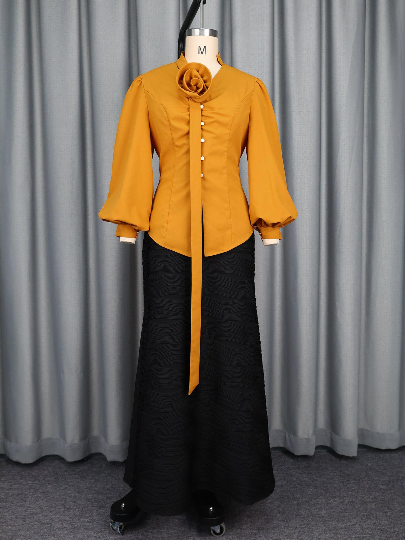 Fashionable Bubble-sleeve Waist-defined Ginger-jaune Deux pièces Top Set
