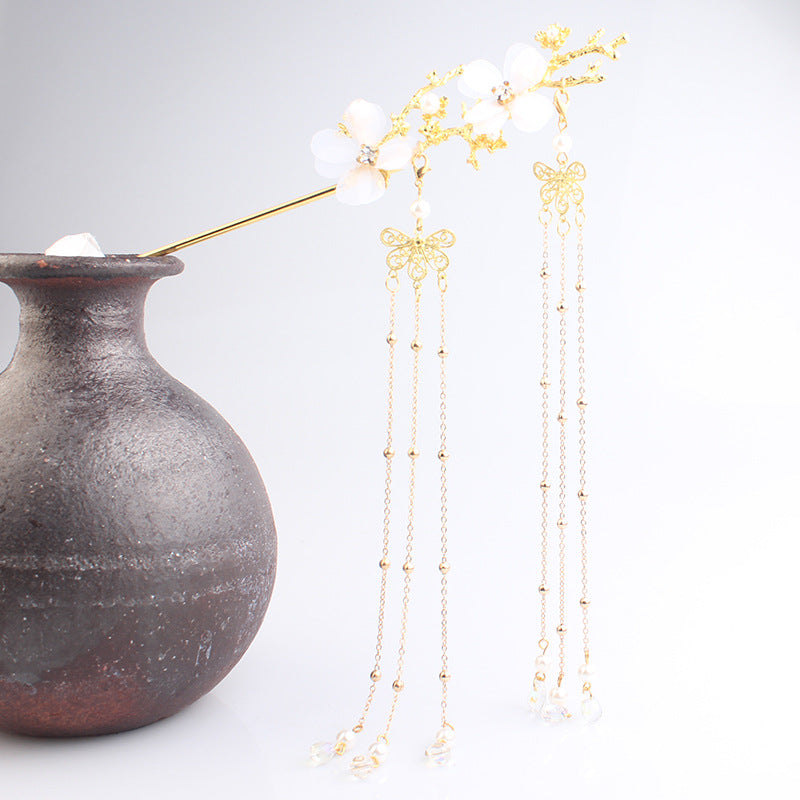 Ancien style Hair Accessoires Hanfu Plum Blossom Branche Tassel Hairpin White Flower Drill