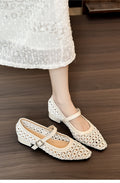 Retro Woven Hollow Respirant orteil carré talons Femmes simples Chaussures Summer One Strap