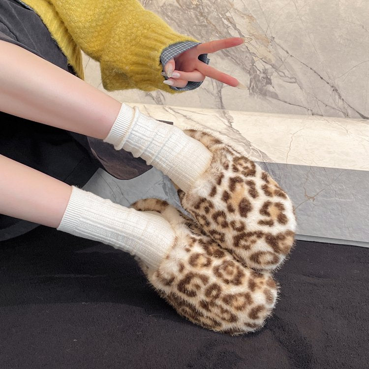 Baotou Pantoufles poilues Flat Botted French Retro Warm Leopard Print Chaussures en peluche