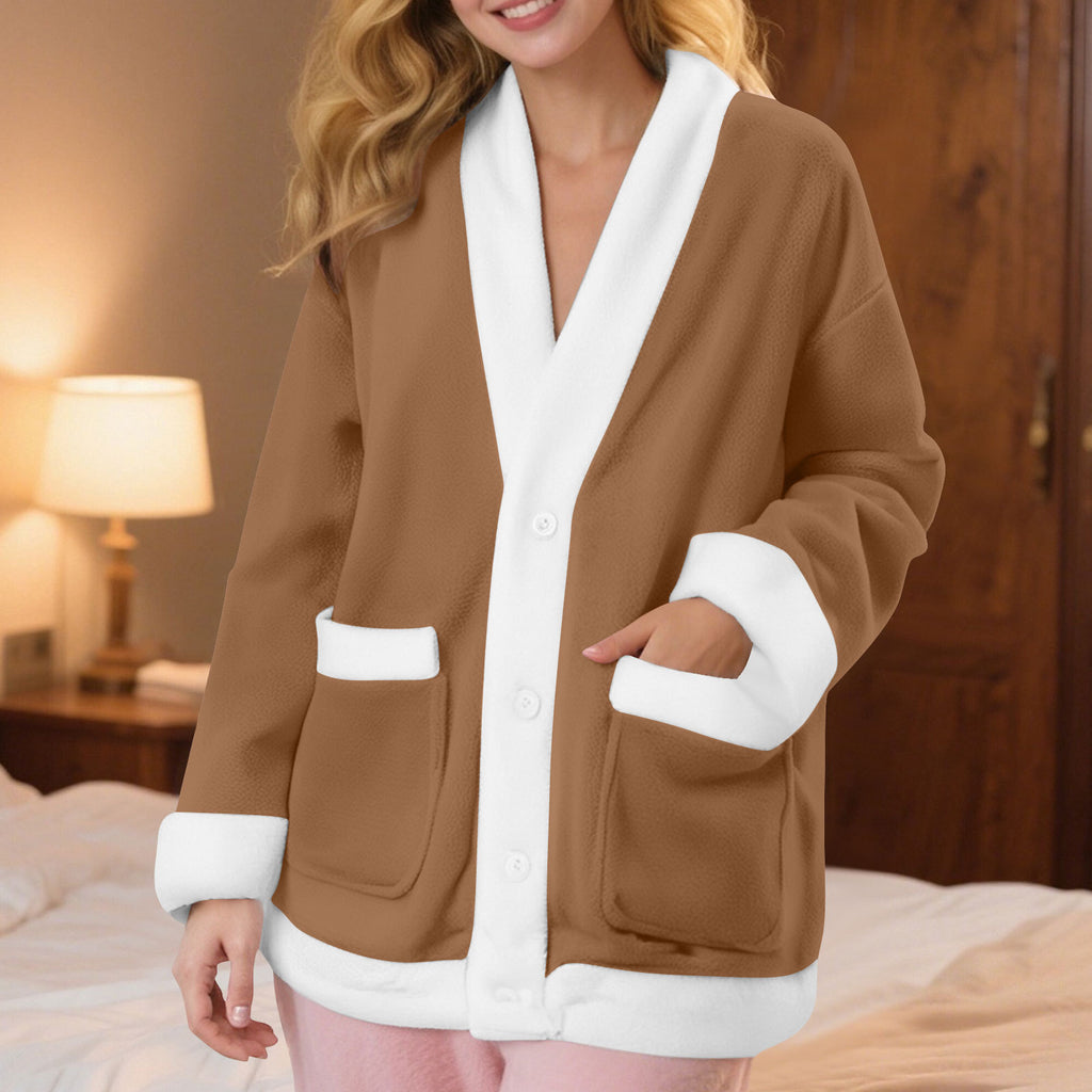 Amazon site indépendant Automne et hiver V-Neck Manches longues Couleur-Block Cardigan Flannel