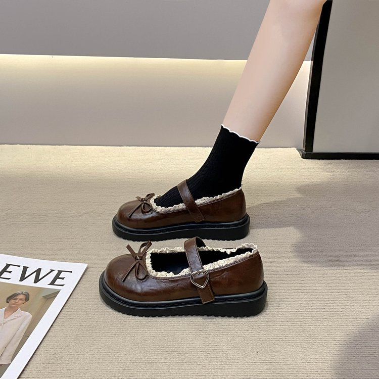 Femmes Tour de orteil Français Mary Janes Versatile Un mot Dentelle College Style JK Épaisseur Sole Flat