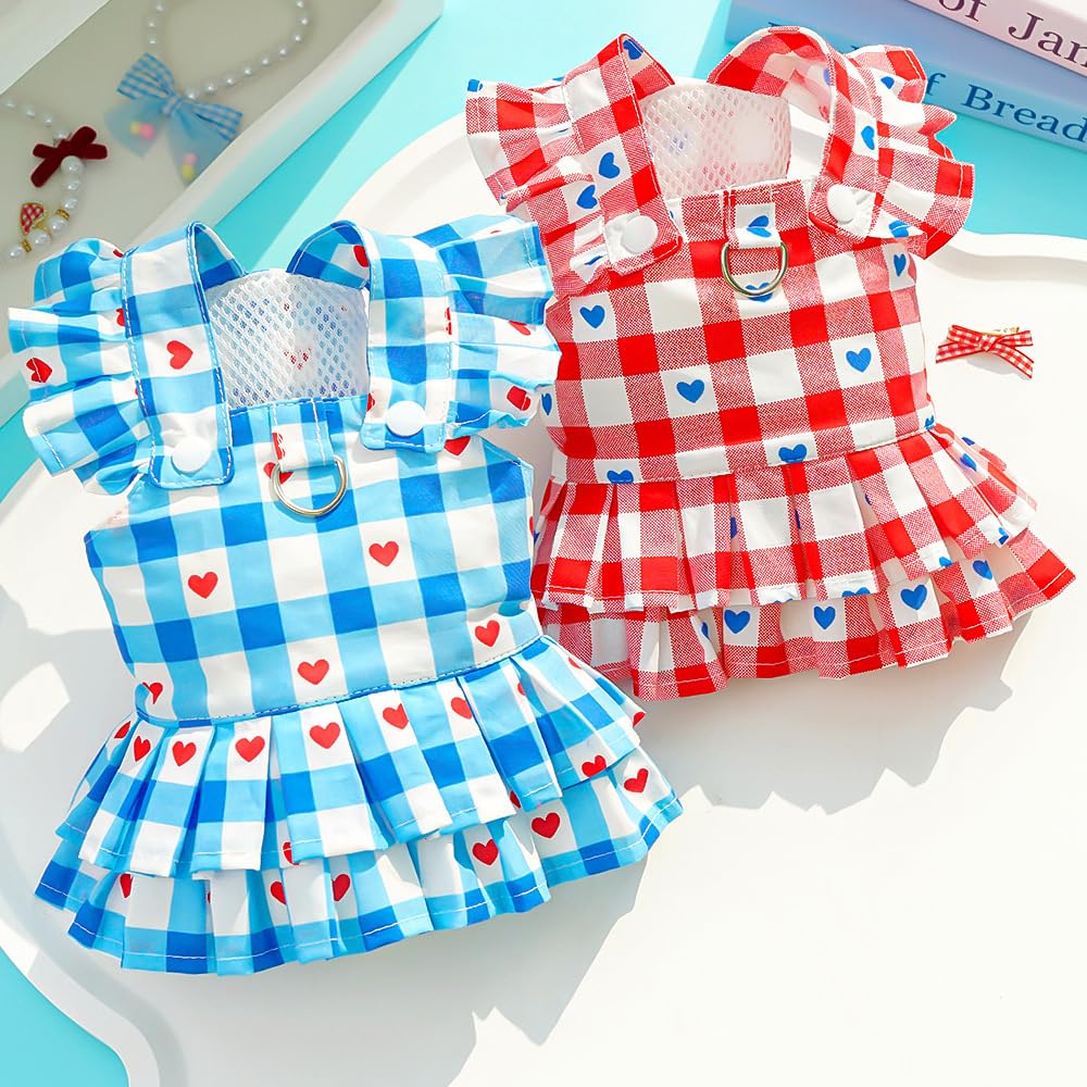 Rouge Plaid petite robe de chien fille printemps vêtements de chat avec patron de coeur été robes de Pet Fo
