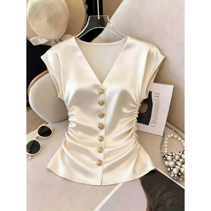 Chemise à plis satiné en V-col de couleur solide pour femmes
