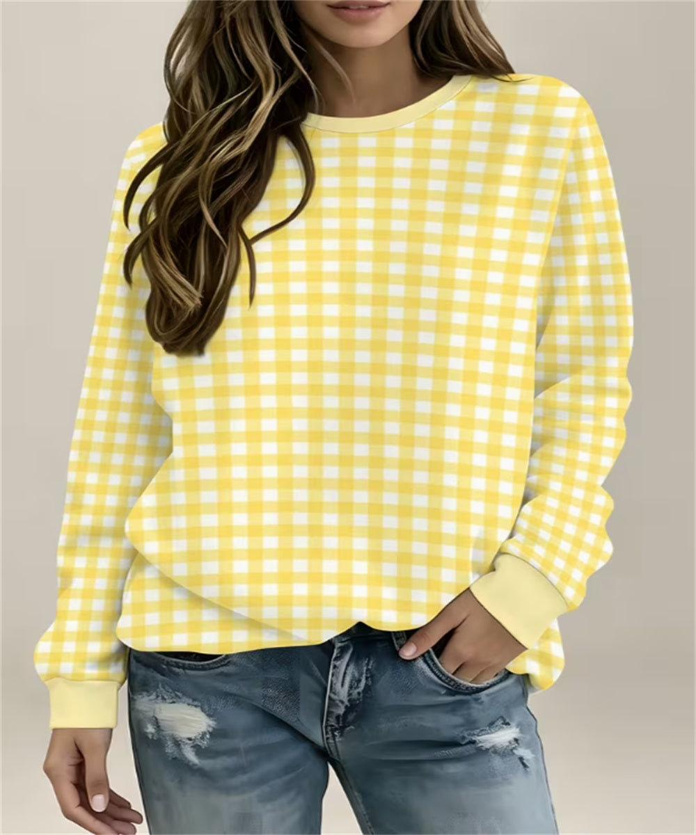 Sweat-shirt en col rond imprimé Gingham Blanc Jaune Femme