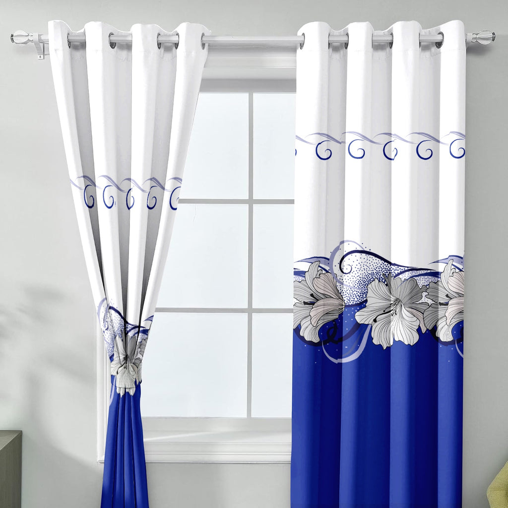 9-Piece bleu et blanc lotus couvre-lit et rideau pour roi