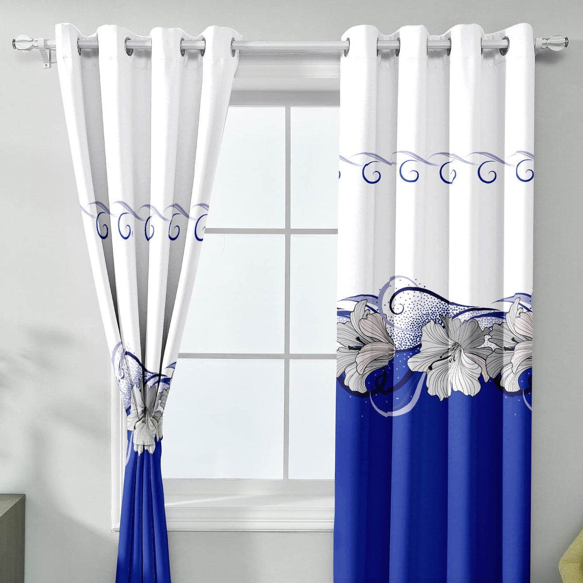 9-Piece bleu et blanc lotus couvre-lit et rideau pour roi