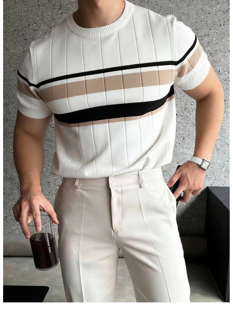 Couleur-Block rayés hommes tricoté manches courtes supérieur casual