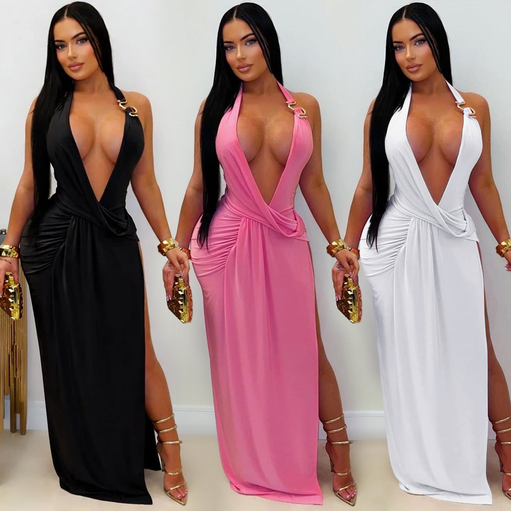 Femme de mode européenne et américaine Sexy Deep V Halter Bodycon Robe sans dos