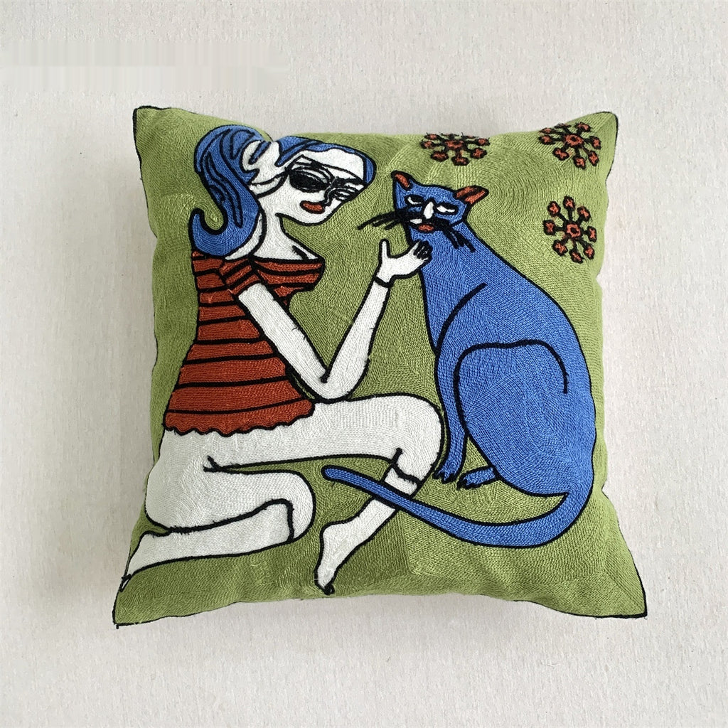 Peinture à l'huile classique indien brodé à la main couverture de coussin de canapé