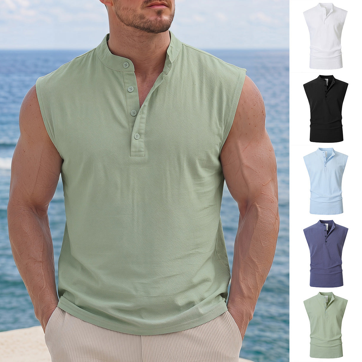 Haut large sans manches multi-boutons de couleur unie en plusieurs couleurs
