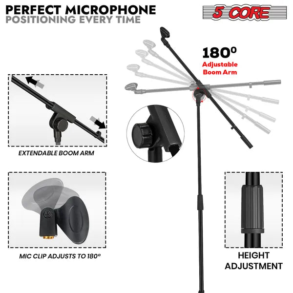 5 Core Tripod Mic Stand Plancher réglable 18 à 72 pouces Support de bras robuste Microphone