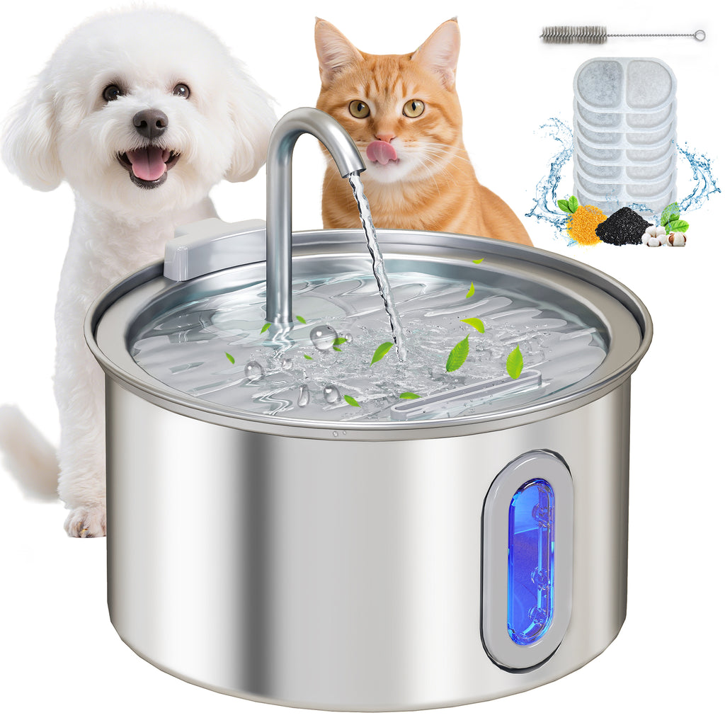 Fontaine d'eau de chat en acier inoxydable 2,5L avec fenêtre de niveau d'eau de pompe ultra silencieux et 7 fils