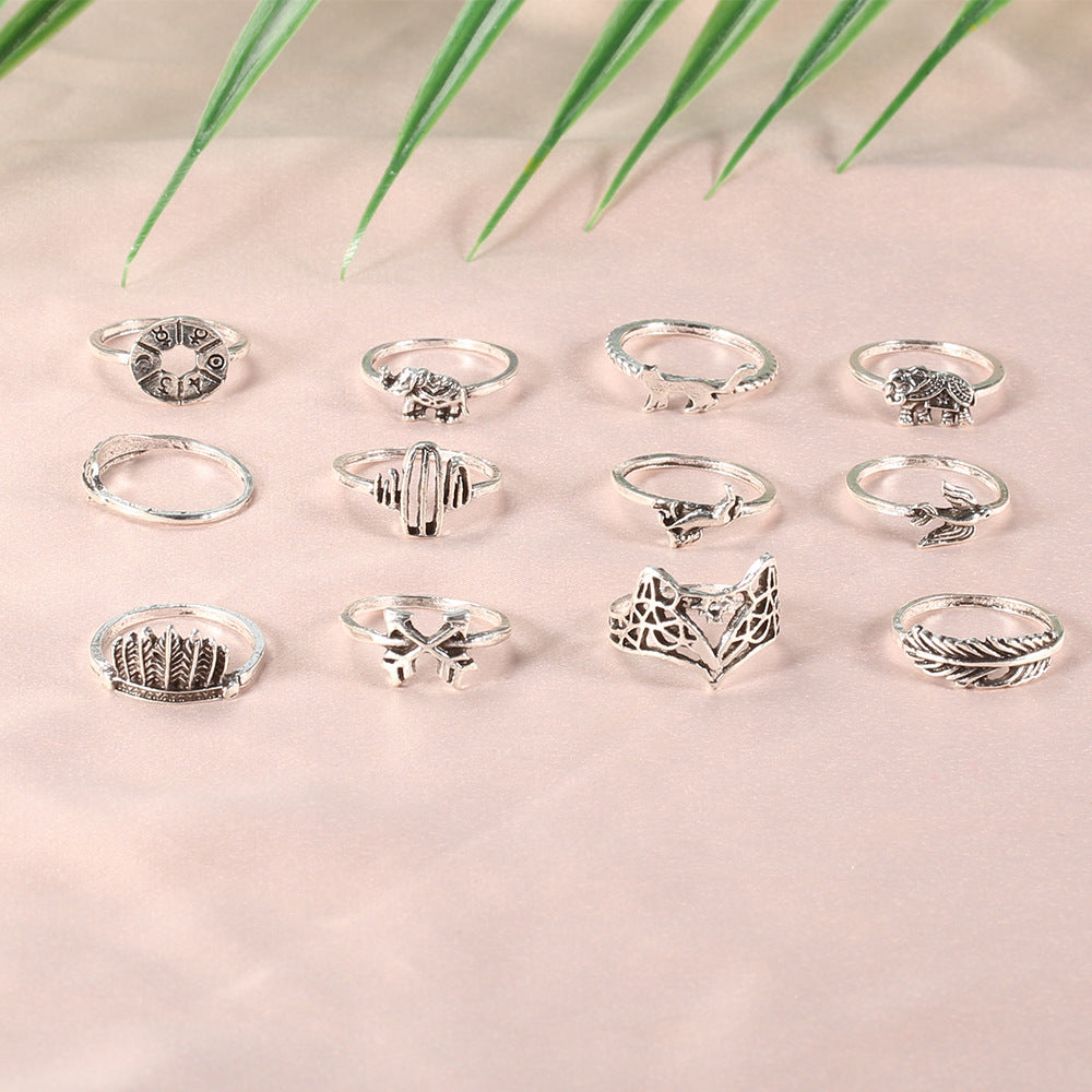 Ensemble d'alliages rétro Leaf Fox Elephant Bague 12 pièces