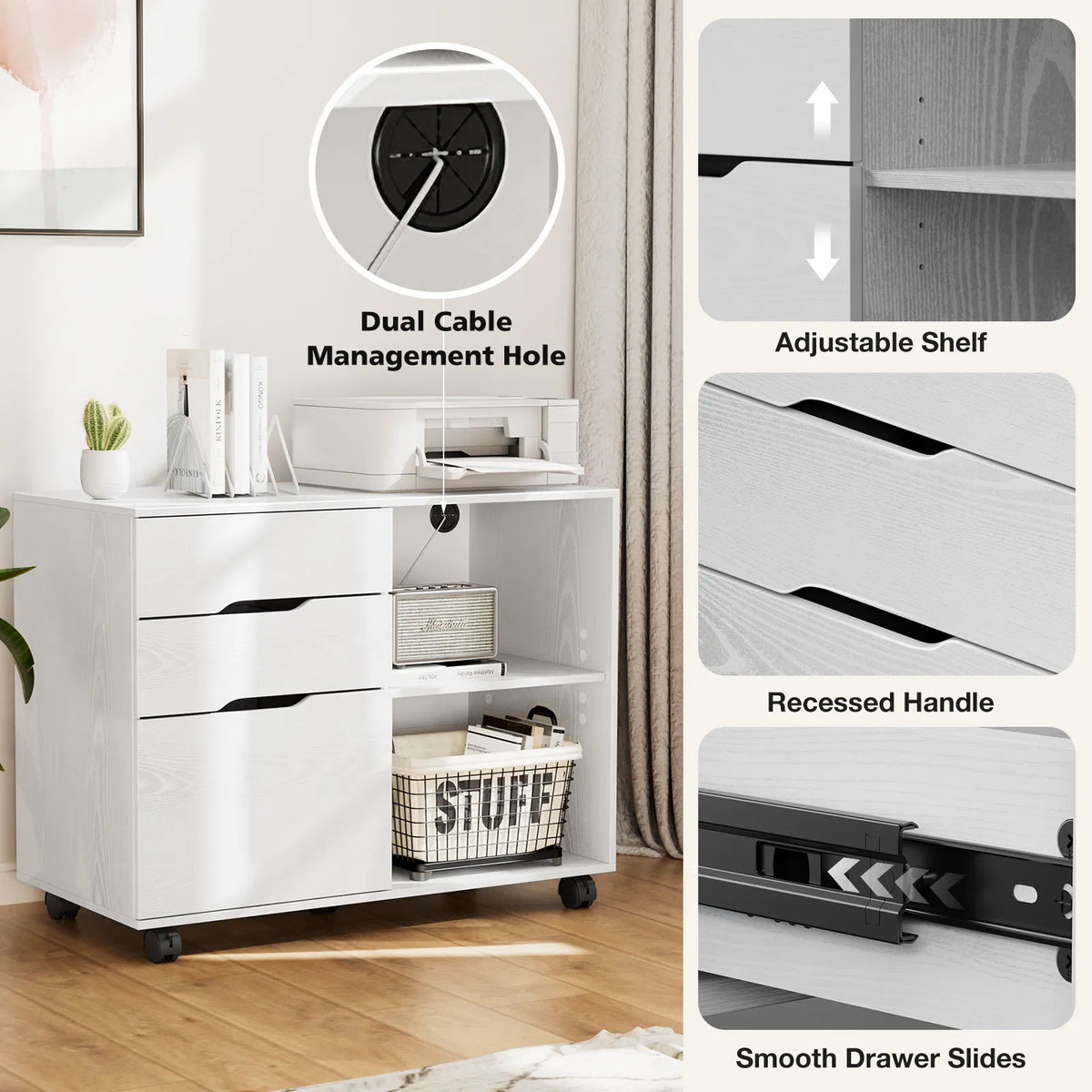 3 tiroirs Mobile Rolling Lateral File Cabinet pour le bureau et la chambre d'enfants