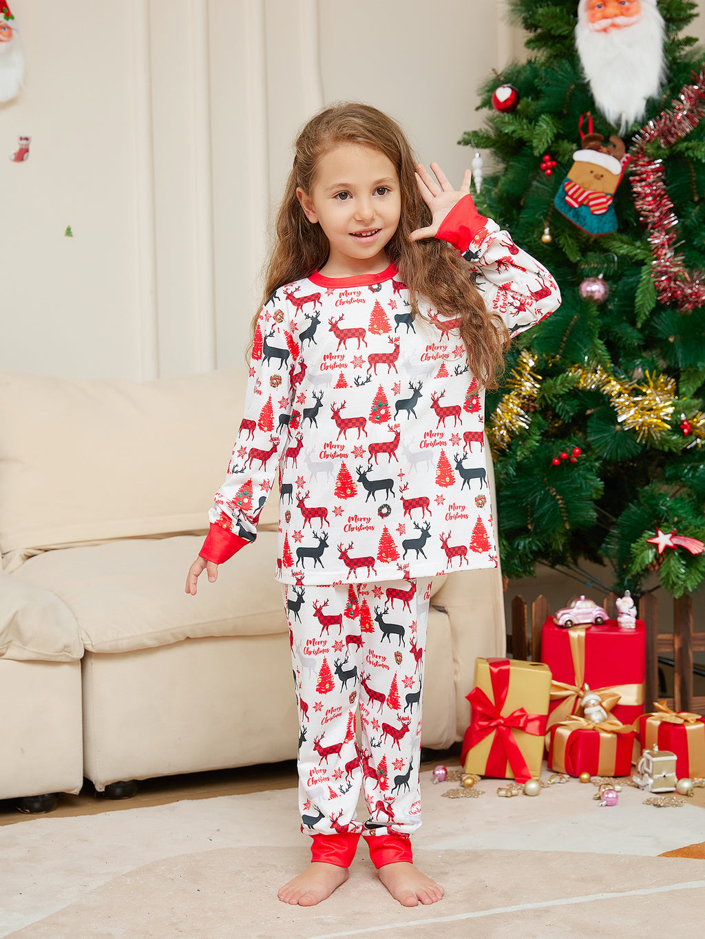 Cartoon Flower Deer Imprimer Pyjamas de Noël pour parents et enfants
