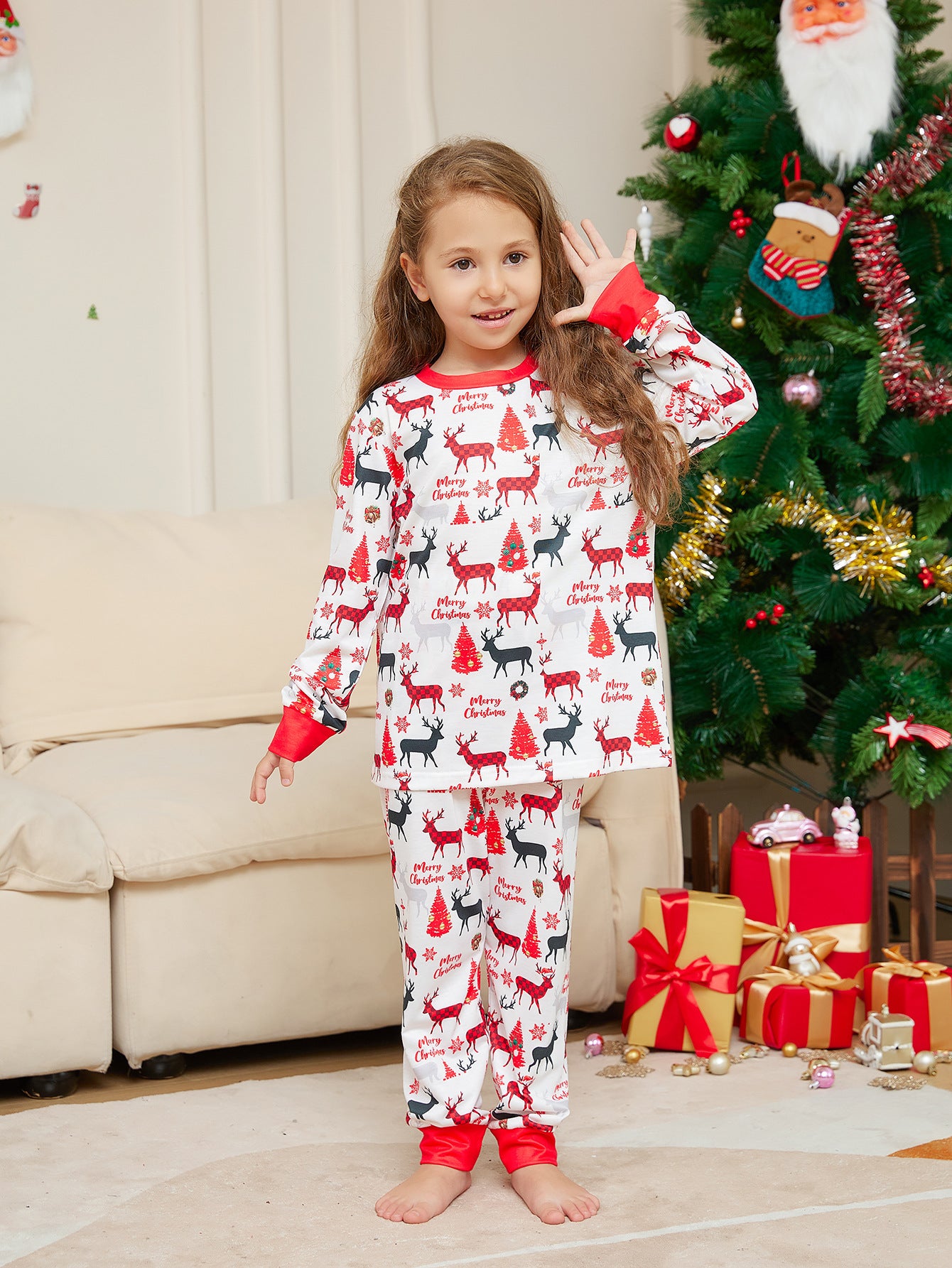 Cartoon Flower Deer Imprimer Pyjamas de Noël pour parents et enfants