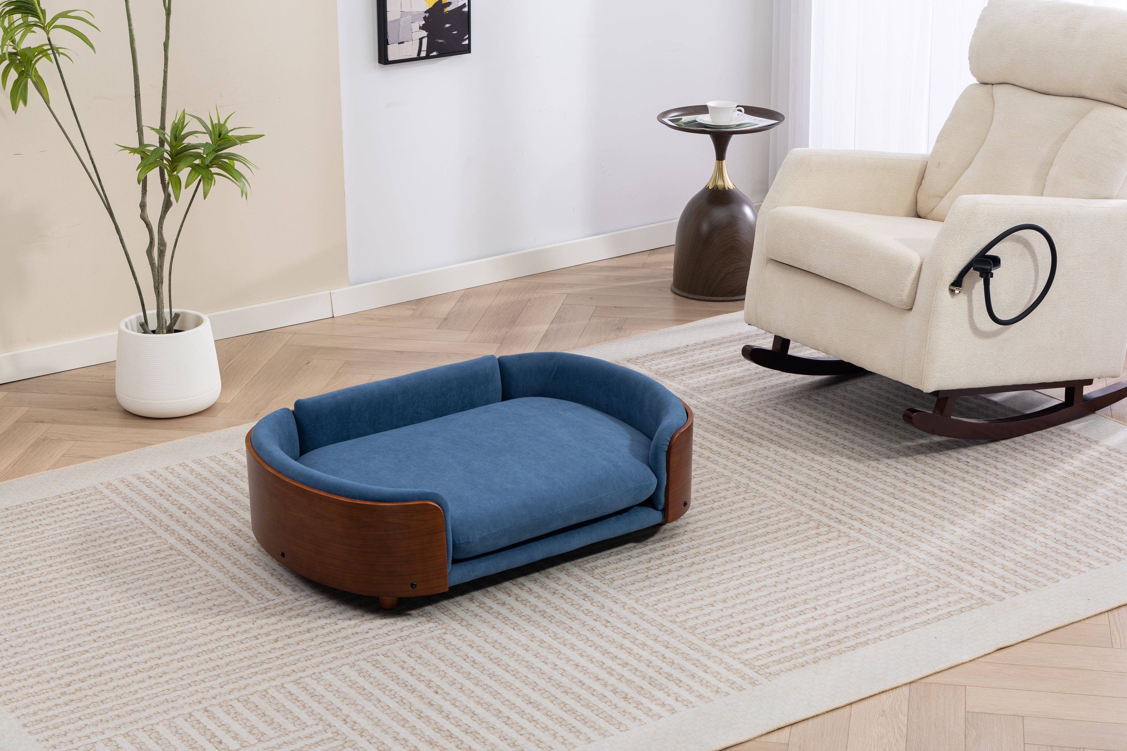 Style scandinave Lit de chien élevé Sofa Pet avec pieds en bois massif et noyer Bent Wood Bac