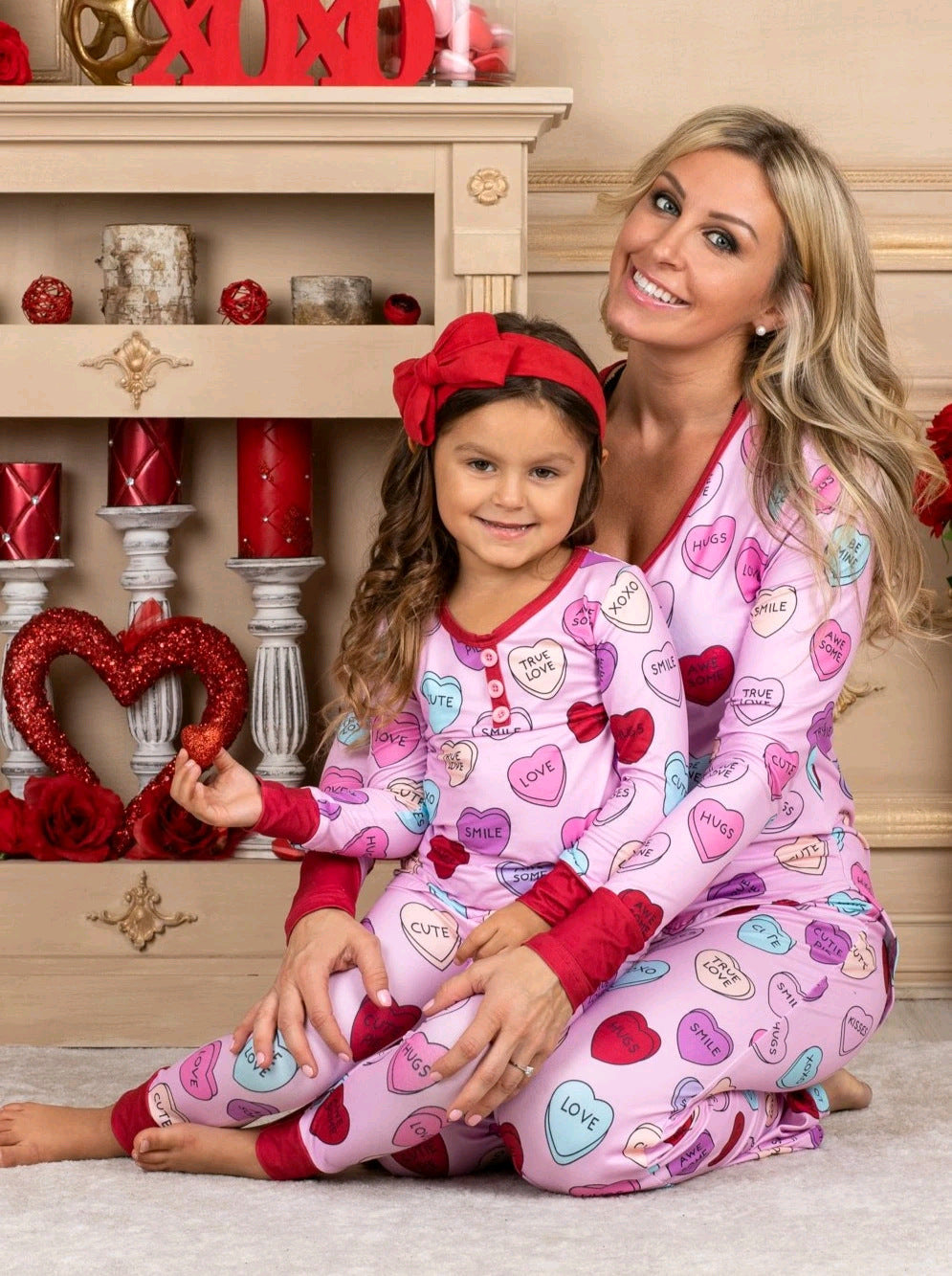 Valentine Day Love Print Casual Home Pajamas Parent Child Set