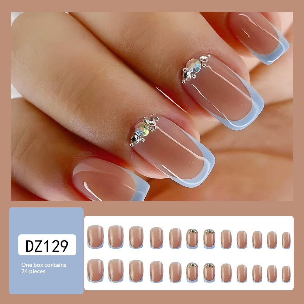 Stickers Nail Acrylique Français 24 Pièces de Court Carré avec Rhins en 3D