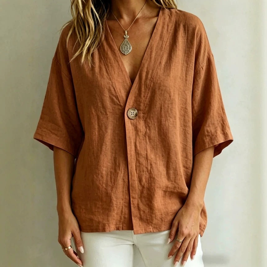PrintempsÉté Femmes Casual Loose-Fit Solid-Color V-Neck Top avec Boutons