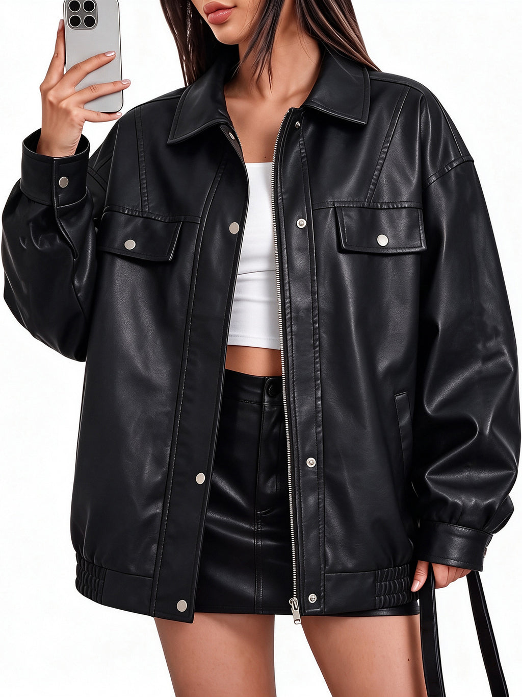 Veste courte en cuir PU pour femmes de taille européenne Printemps et automne Suit vélo mince V
