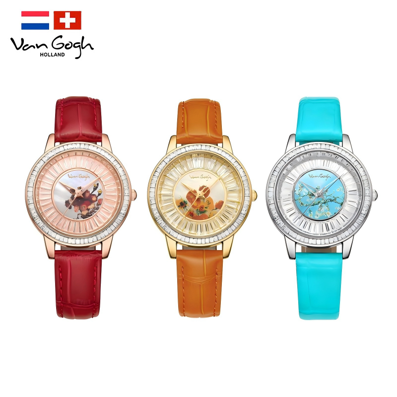 Van Gogh montre à quartz pour femme 3D imprimé peinture à l'huile Cadran complet Zirconium bracelet en cuir Se