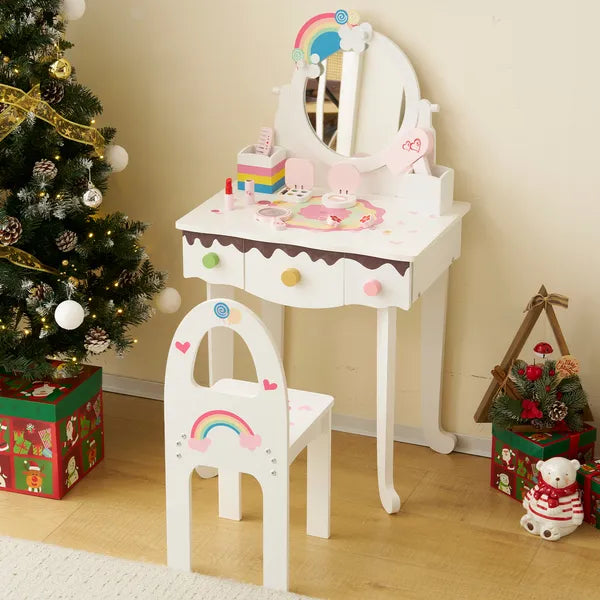 Kids Vanity Table et jeu de chaise avec 7pcs Pretend Jouets de maquillage de jeu