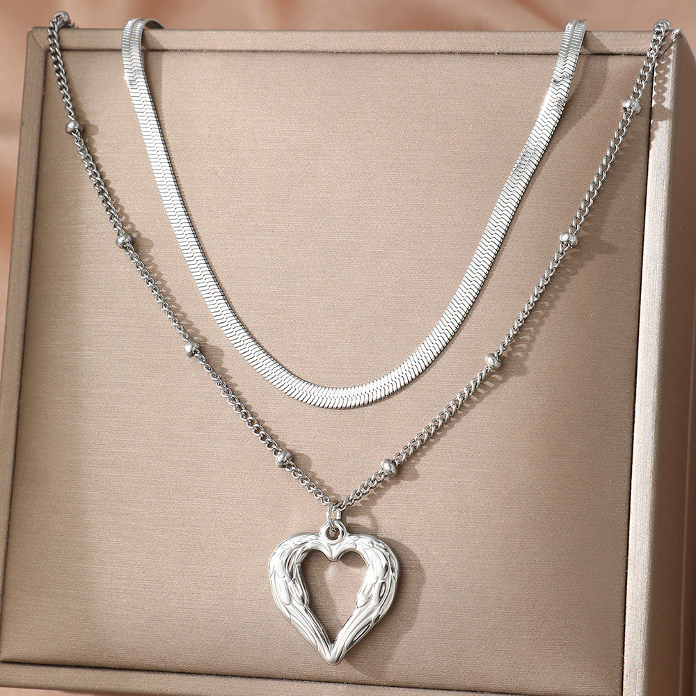 Femmes Collier en couches Double chaîne Serringbone Serpent Chaîne Chaîne Perle Chaîne Angel Wing Hollow H