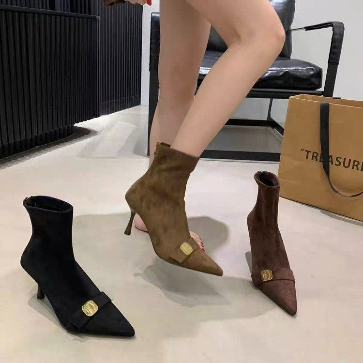Femmes Pied pointu orteil noir Haut talon Bottes de cheville en métal français Boucle élastique Slim Fit Bottes
