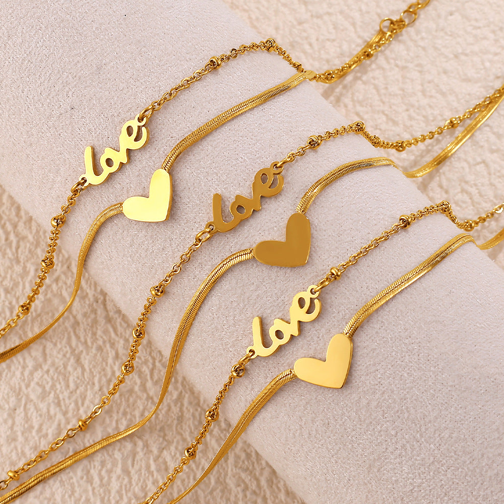 European & American Fashion Double Layer Heart Love Pendentif Anklet pour femmes