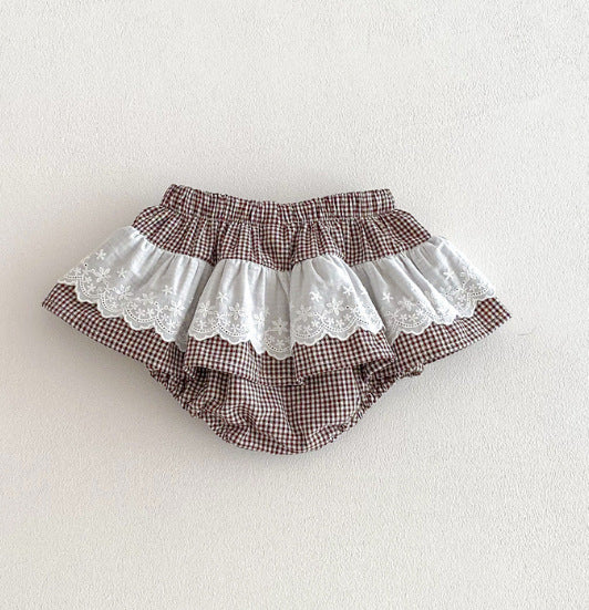 Filles Plaid Dentelle Culottes avec double couche Ruffled Trim