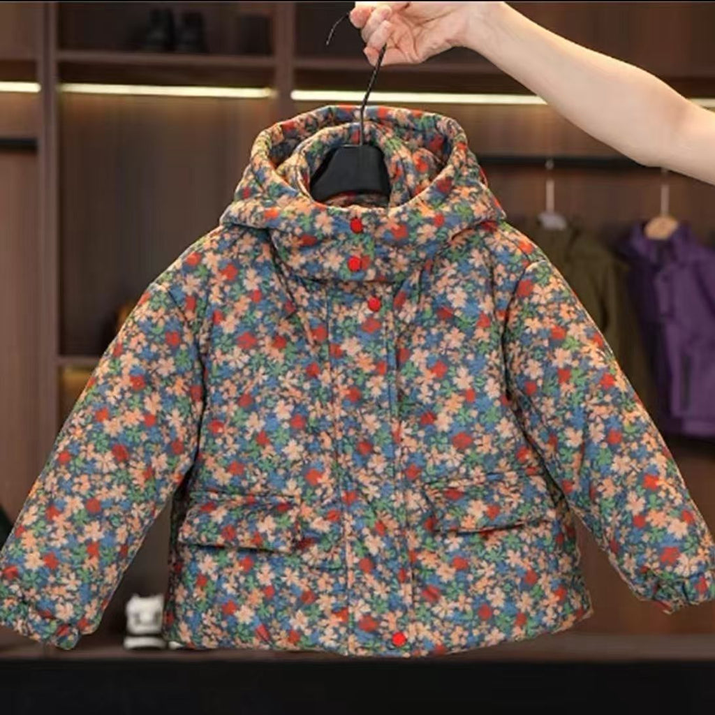 Enfants Mode rembourré chaud Floral manteau à capuche tendance