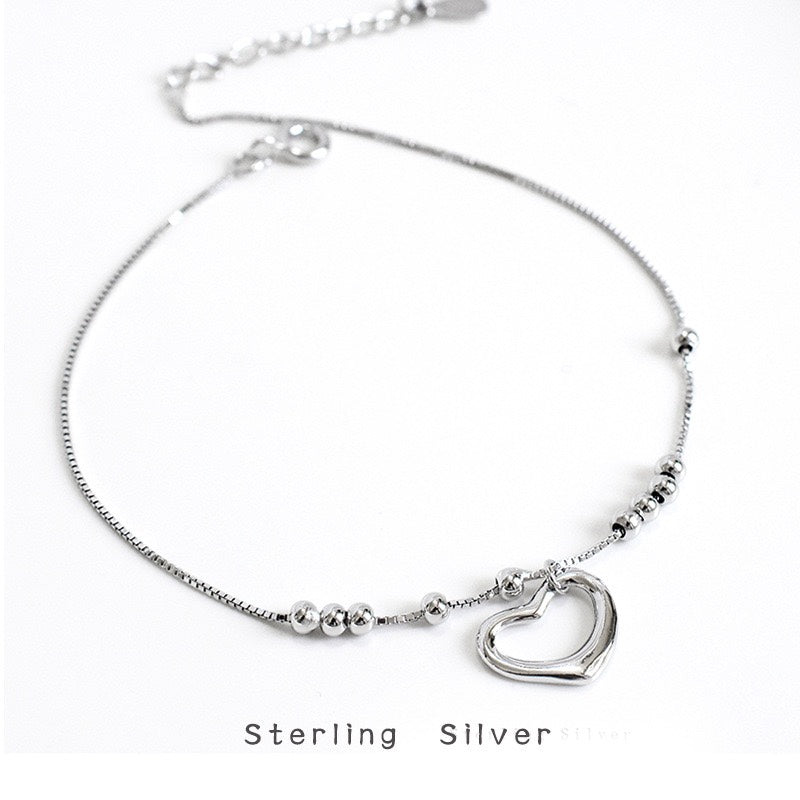 1pcs 999 Sterling Silver Box Chaîne Hollow Heart Perled Ajustable Anklet