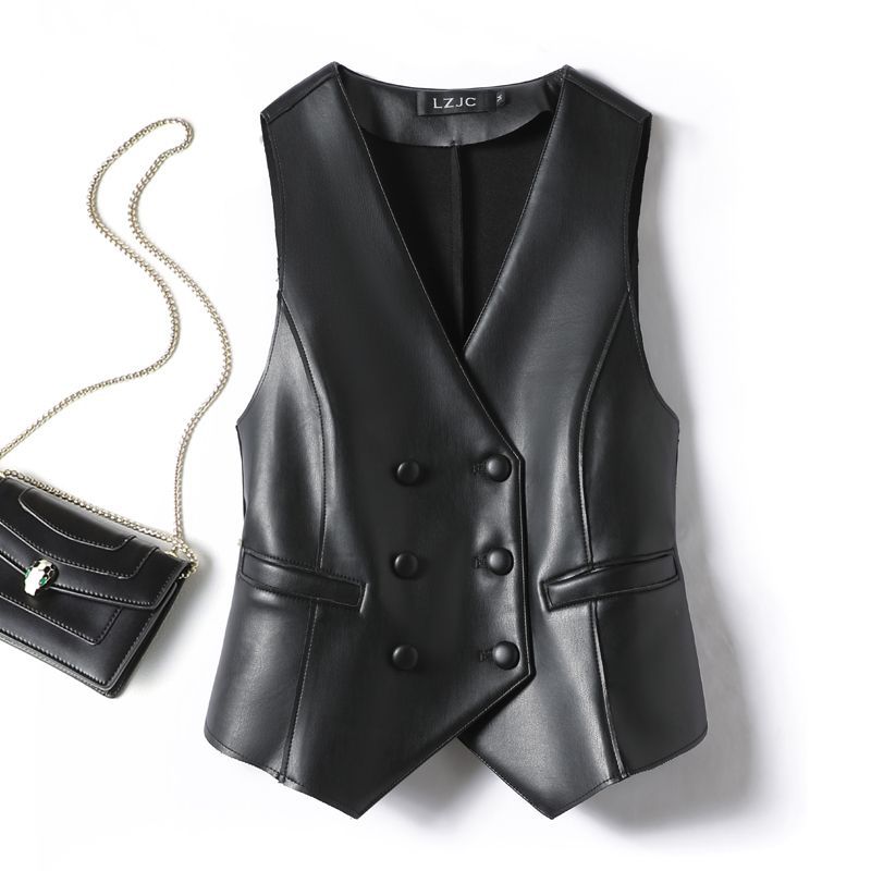Cuir Coat Western Style Double Breasted Vest Short Slim Fit Slimming