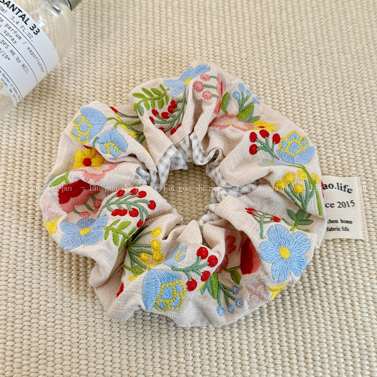Retro Pastoral-style Flower-embroidered Scrunchie for Buns and Ponytails Hair Accessory