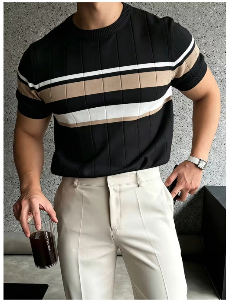 Couleur-Block rayés hommes tricoté manches courtes supérieur casual