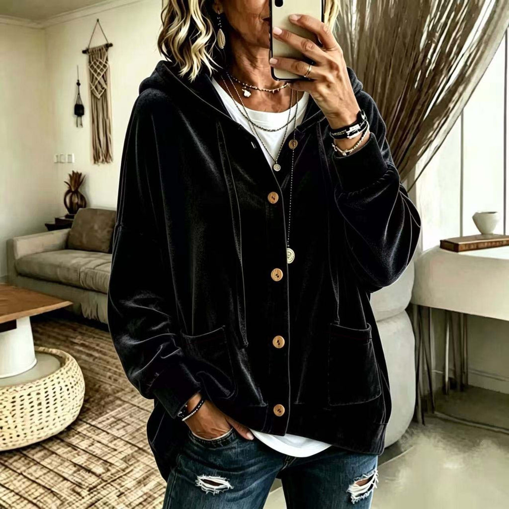 Femmes Automne Veau d'hiver Hoodie Cardigan Bouton avant cordon drawstring manches longues Casual Loose