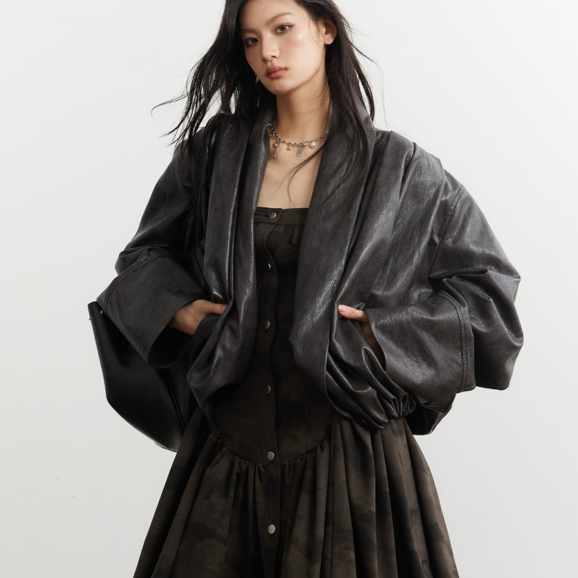 Genre neutre Silhouette plissée Ebony-brun Faux cuir PU Veste