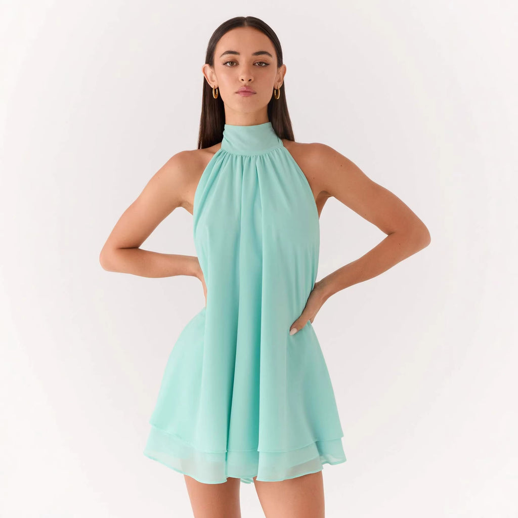 Robe sans manches col haltère Col élevé Double couche