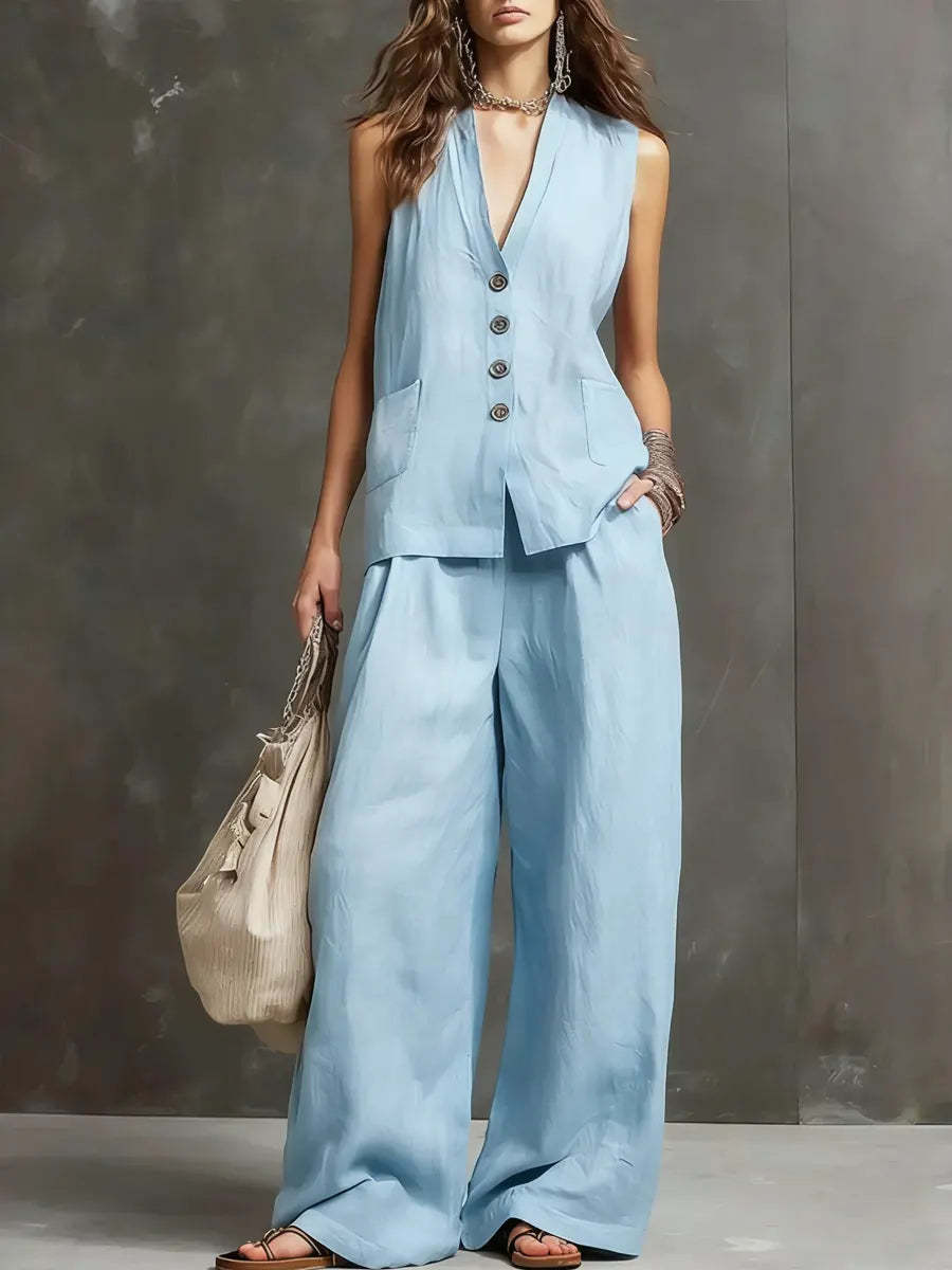 Arrivée Women S Set Veste sans manches et pantalons à jambes larges Ensemble de deux pièces en coton