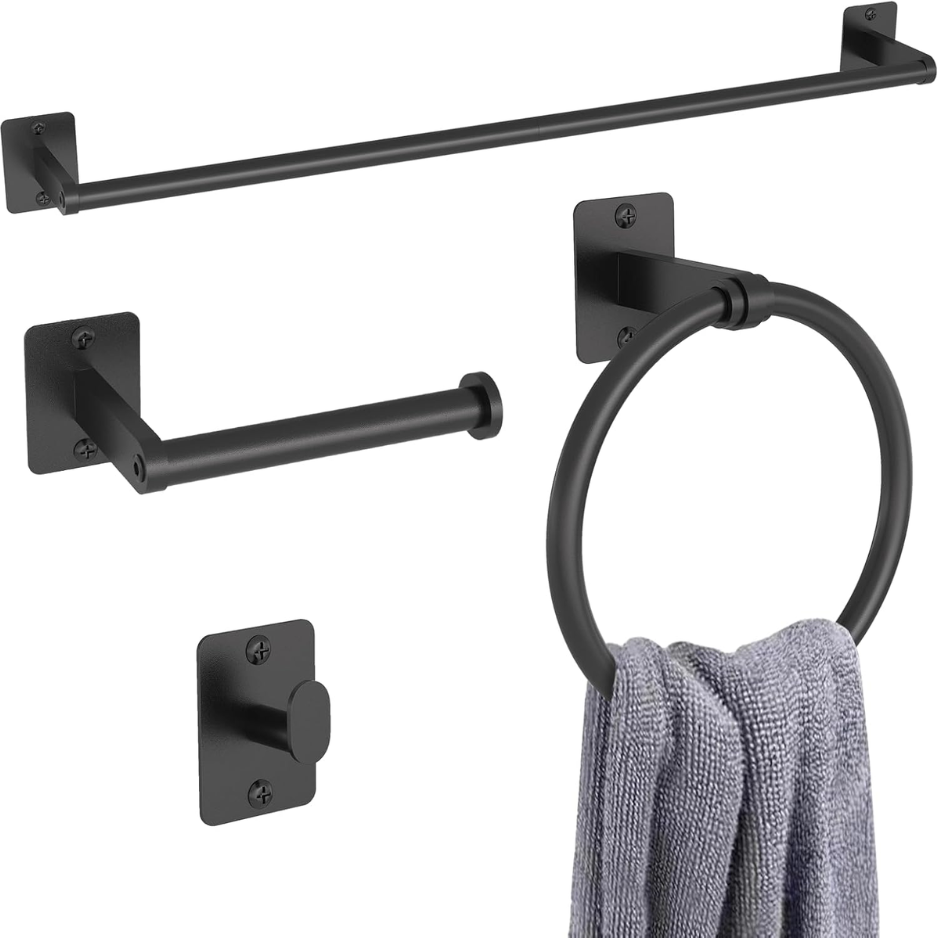 Black Bathroom Accessories Set 4-Piece Bathroom Hardware Set 24 Inch Towel Bar Robe Hooks Toilet Paper Holder