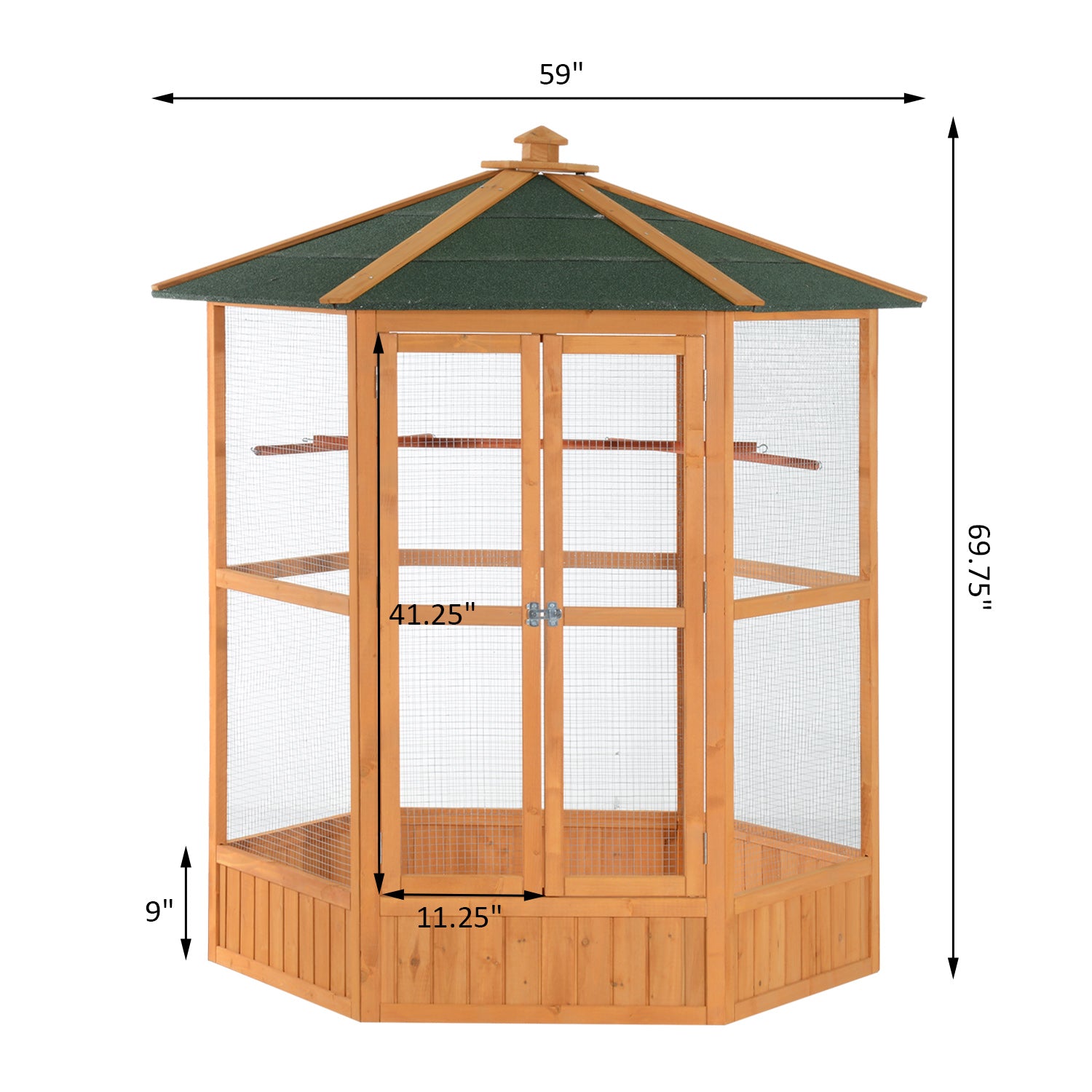 Cage d'oiseau de vol hexagonal extérieur en bois de 69 po avec toit couvert