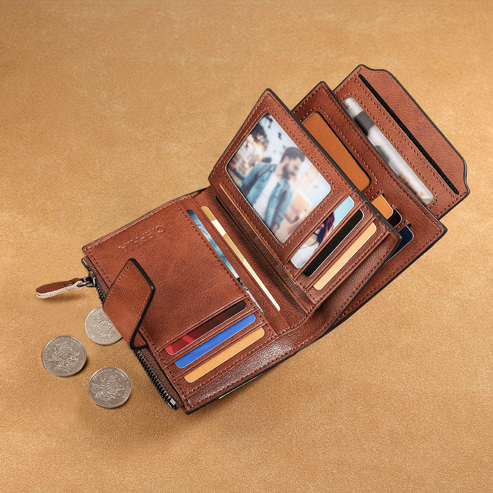 Porte-monnaie en cuir pour hommes multifonction antivol Zipper