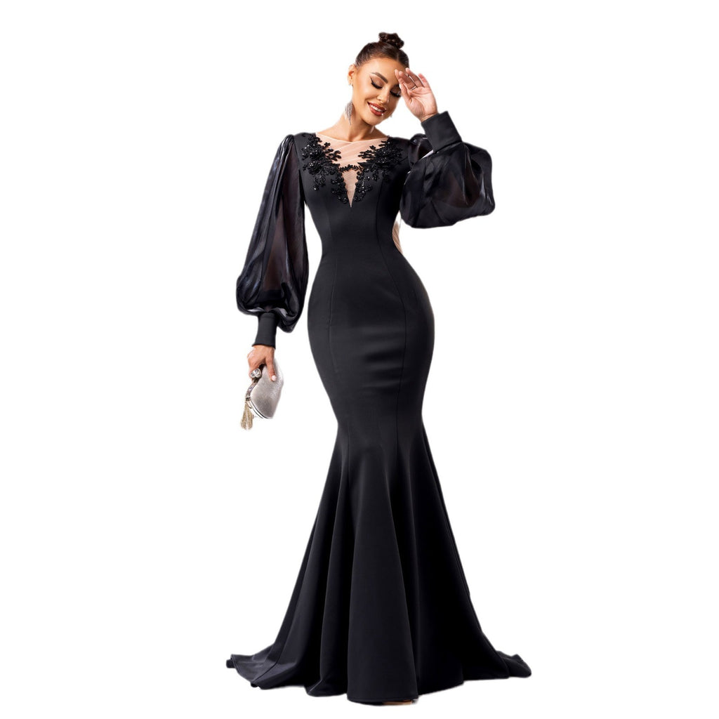 Robe à queue de poisson à manches longues pour banquet à col rond