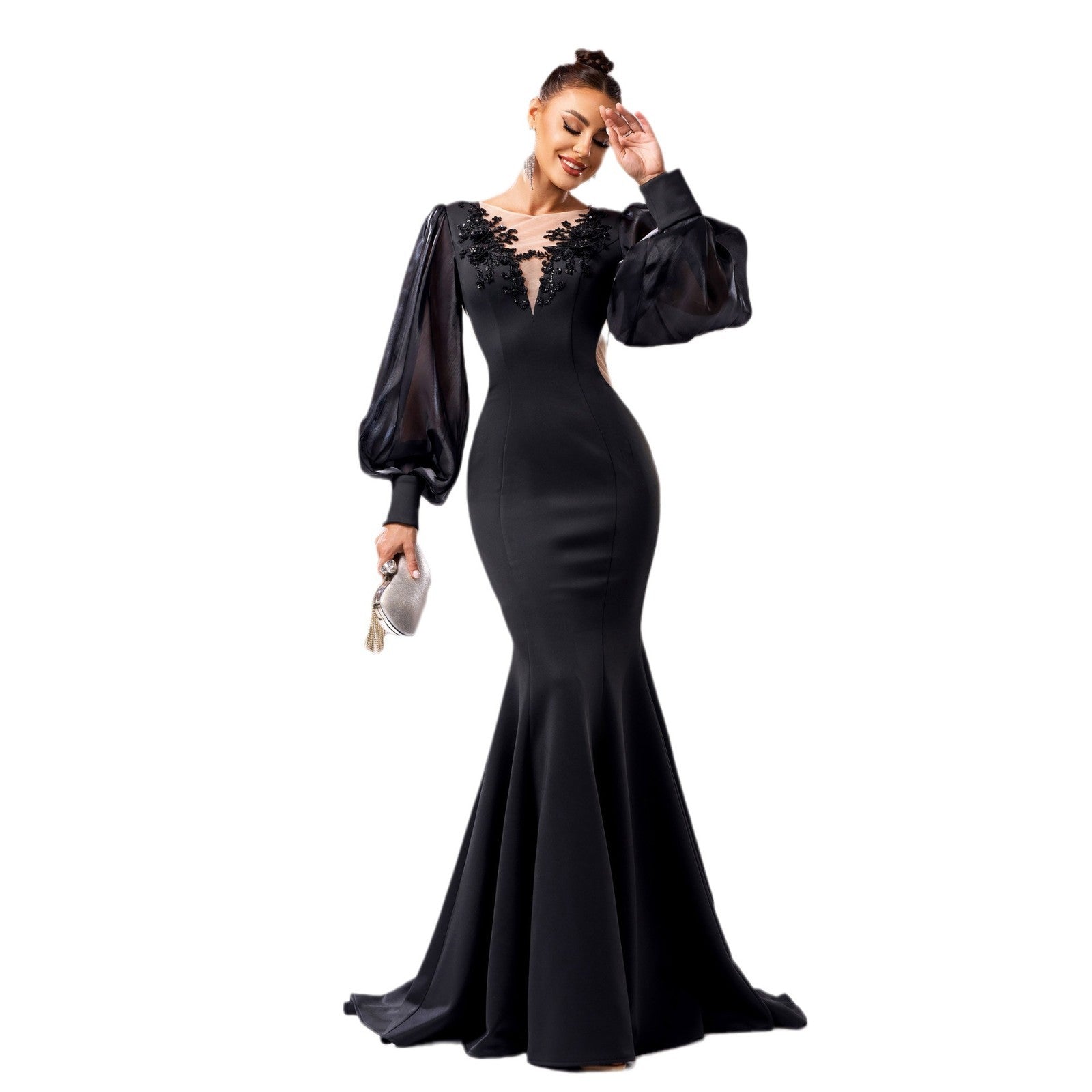 Robe à queue de poisson à manches longues pour banquet à col rond