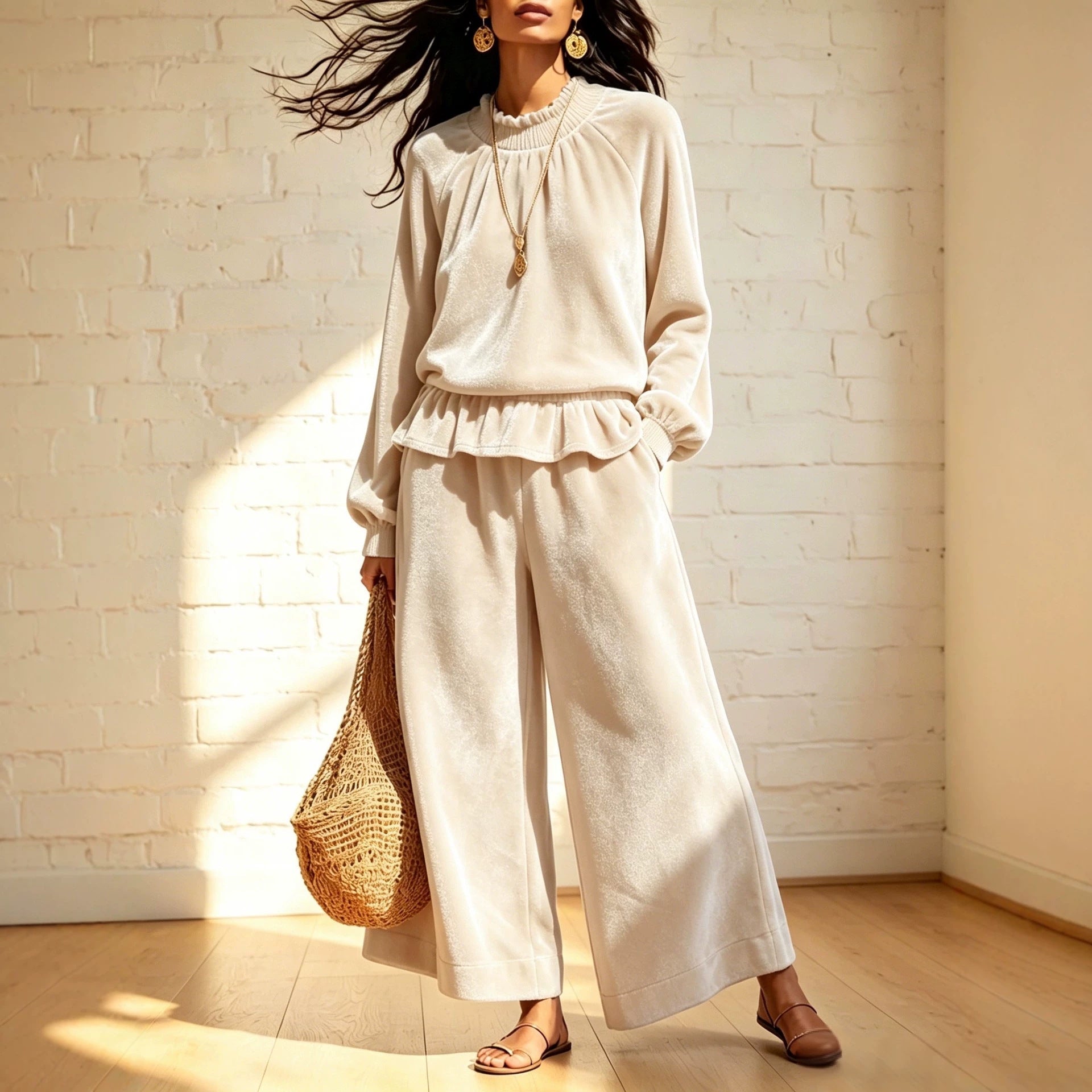 Fashionable femmes Casual Top et large-leg Pantalons ensemble