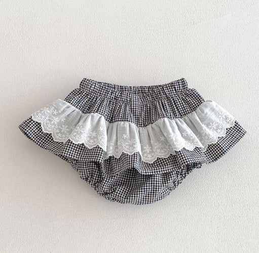 Filles Plaid Dentelle Culottes avec double couche Ruffled Trim