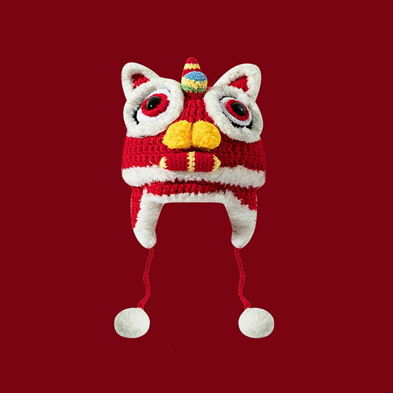 Dragon Année Chapeau rouge chinois tricoté Tigre Tête Chapeau bébé chinois Année célébration Joyous Xi