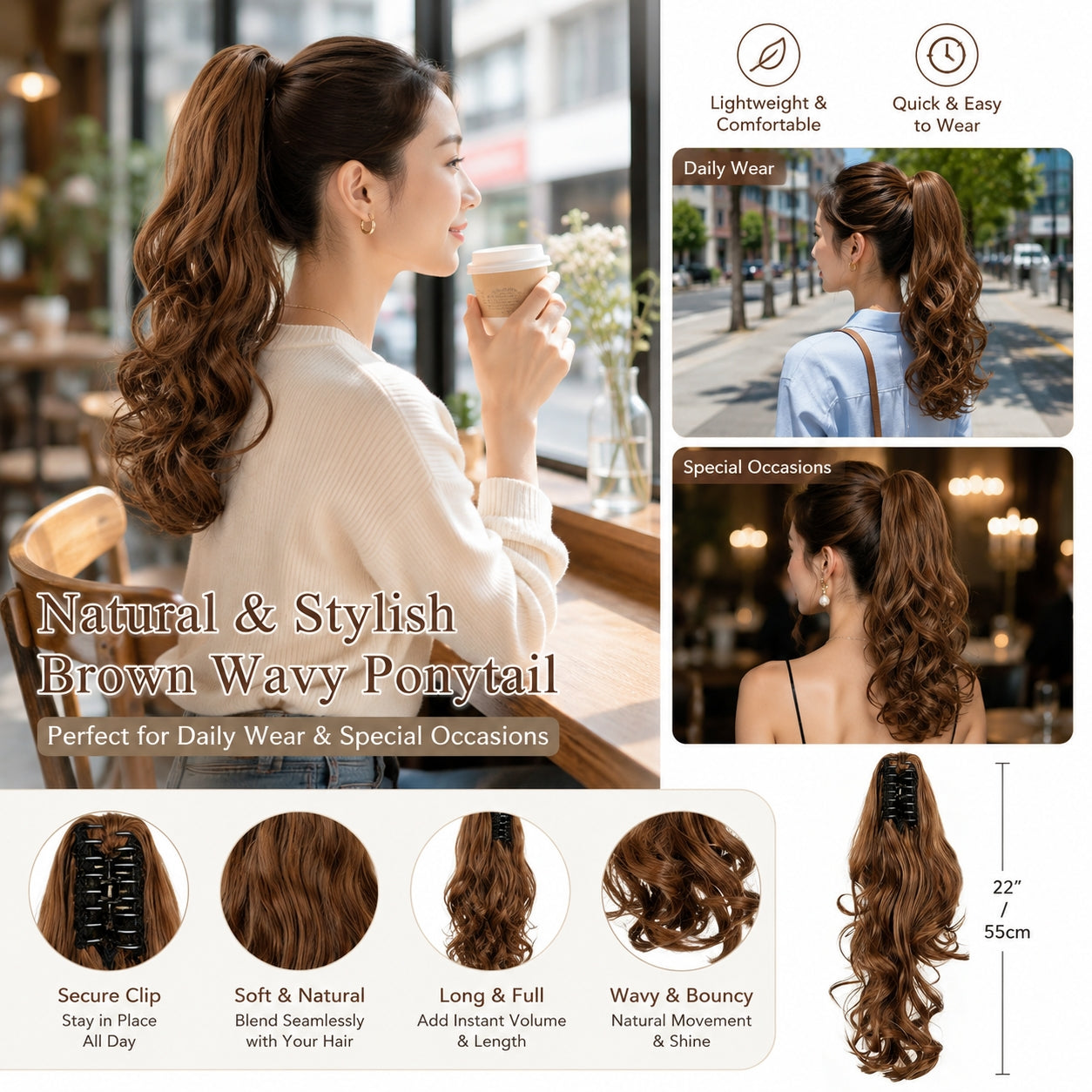 Clip-in Ponytail Hair Extension 22 pouces Wavy CurlySynthetic Wig pour femme Coiffure facile